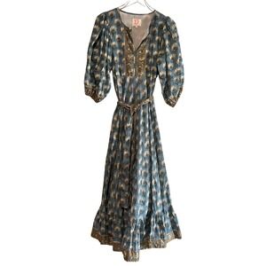 Victoria Dunn Floral V Neck Bohemian A Line Midi Belted Dress Size M Blue